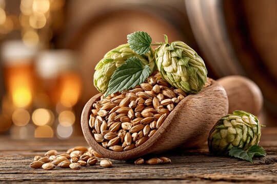 Wooden scoop with malt grain and fresh green hops for brewing beer