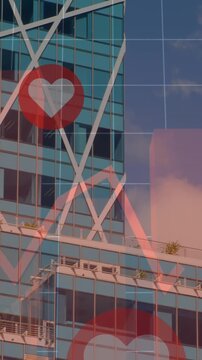Animation of social media heart icons and financial data processing over cityscape
