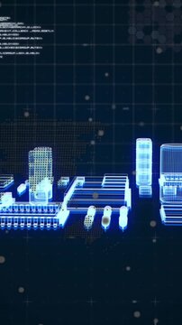 Animation of metaverse city and data processing over globe on black background