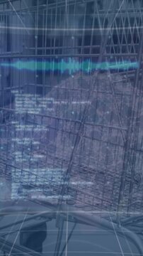 Animation of data processing on screens and digital cloud over supermarket cart