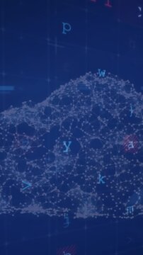 Animation of padlock and cloud icon over data processing on blue background