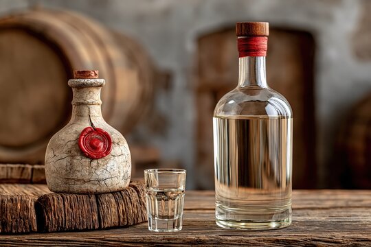 Craft spirit bottles and shot glass on rustic wooden table background
