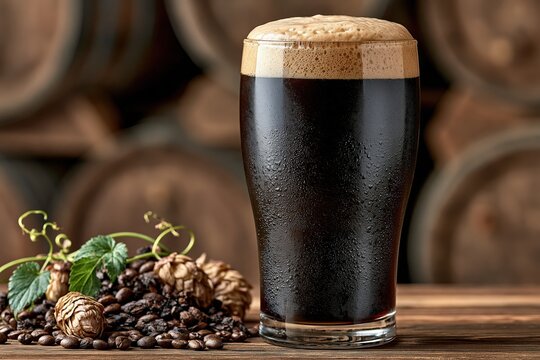 Draft dark beer glass with frothy foam and coffee beans on wood table
