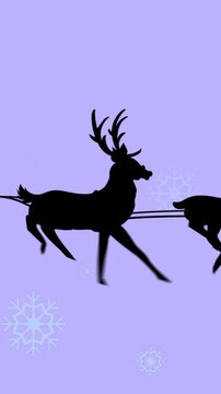 Animation of santa claus in sleigh with reindeer over snow falling