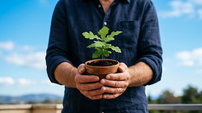 Young farmer holding young green plant seedling in hands outdoors for sustainable agriculture and eco-friendly farming