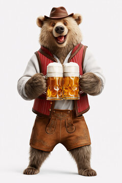 Bear dressed in traditional Bavarian lederhosen holding two beer mugs, Oktoberfest concept