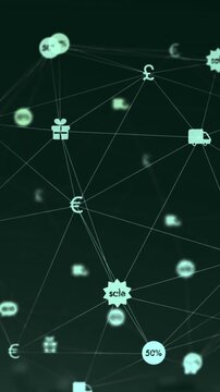Animation of globe of digital icons spinning against grey background
