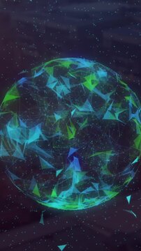 Animation of white particles over globe of plexus networks spinning against aerial view of cityscape