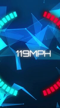 Speedometer animation showing 90 MPH over blue geometric shapes