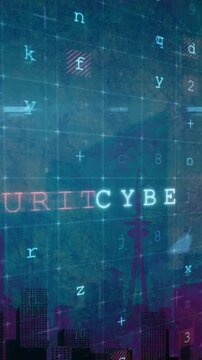 Cybercrime and malware detected text animation over cityscape with digital code