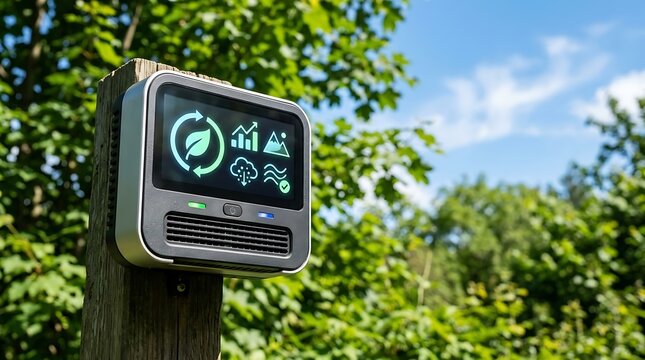 Outdoor air quality monitor displaying real-time pollution levels in urban green park setting