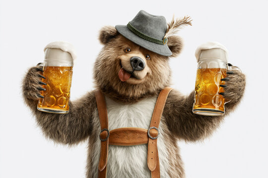 Bear dressed in Bavarian hat and lederhosen holding two beer mugs, Oktoberfest concept