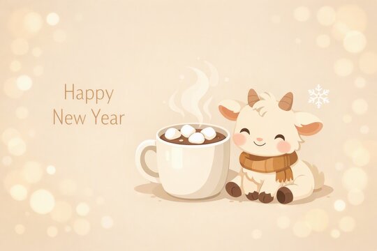 Cute winter new year greeting with steaming hot cocoa mug and smiling baby goat for holiday card or wallpaper design
