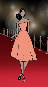Animation of drawing of model on red carpet at fashion show, on black background