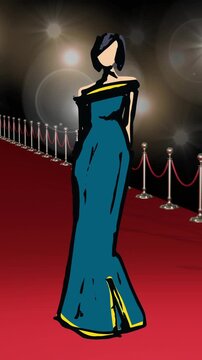 Animation of drawing of model on red carpet at fashion show, on black background
