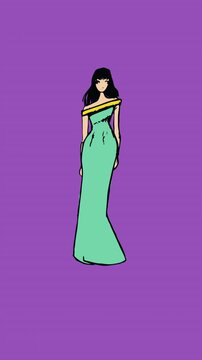Animation of fashion drawings of model on purple background