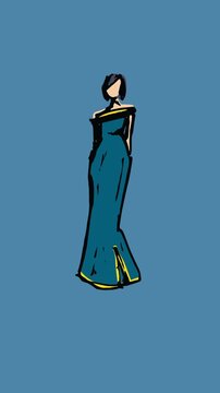 Animation of fashion drawings of model on blue background