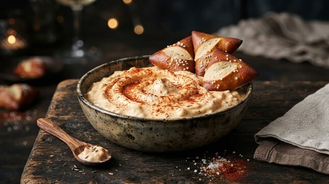 Creamy obatzda cheese dip with paprika and pretzel bread in rustic bowl on wooden table. Bavarian beer cheese spread appetizer for Oktoberfest party food concept
