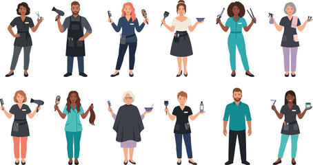 Obraz premium Diverse professionals with styling tools in a clean studio setting vector illustration