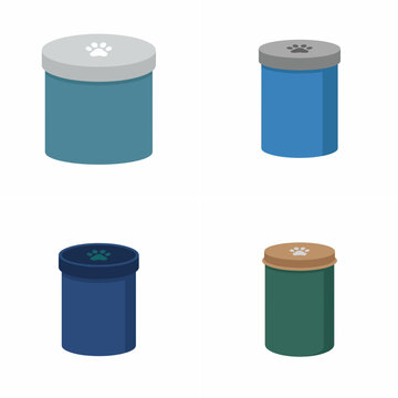 Set of four colorful pet treat containers or cremation urns with paw print lids on a white background