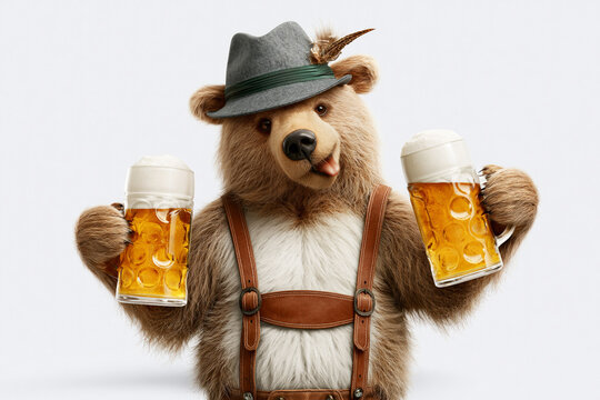 Bear dressed in Bavarian hat and lederhosen holding two beer mugs, Oktoberfest concept