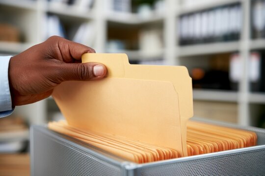 Hand Placing Approved Invoice Folder into Desktop Organizer in Office