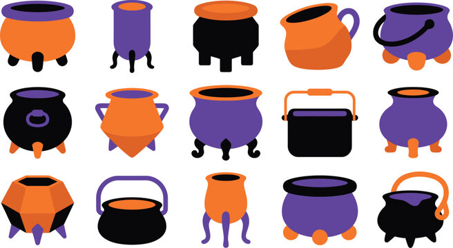 Set of various halloween witch cauldrons in purple orange and black colors isolated on a white background