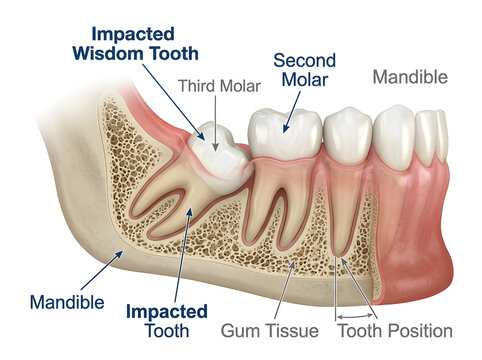 Impacting wisdom tooth illustration in human mandible isolated on white background