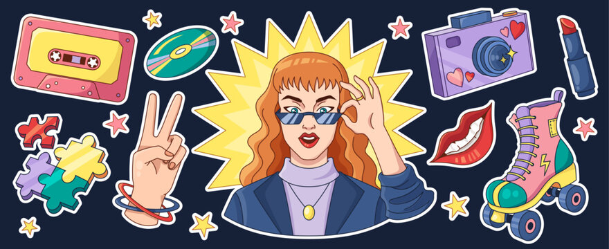 Cute retro stickers with 90s y2k music vibes and cartoon icons. Vintage cassette, camera, sunglasses and roller skates in groovy fashion illustration. Trendy patches with funky kawaii elements.