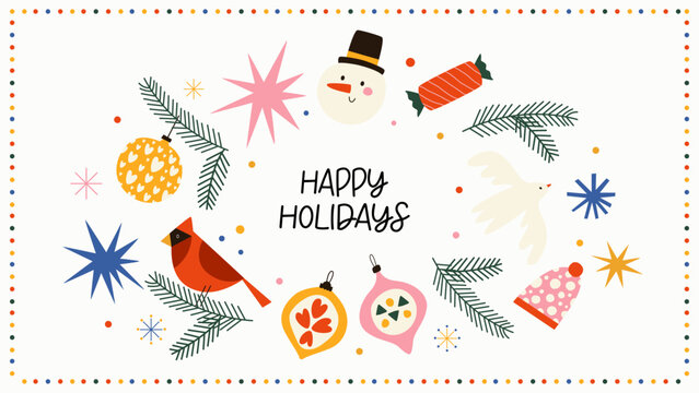 Cute Christmas greeting banner with holiday ornaments, bird, snowman, baubles