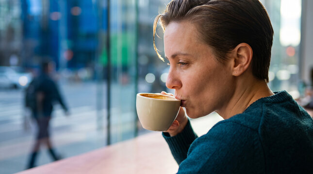 Young woman sipping coffee in a cafe while looking out the window  