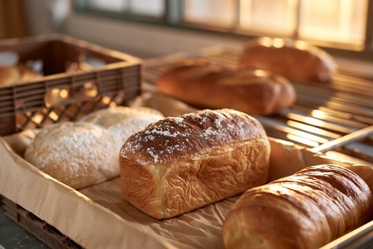 Freshly Baked Bread Loaves on Cooling Rack and Crate in Bakery Donation Setting