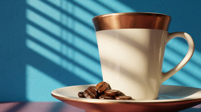Coffee cup on a saucer with coffee beans in a bright setting  