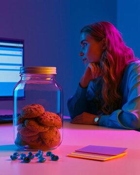 Analyst Testing Privacy Concept with Cookie Jar on Office Desk