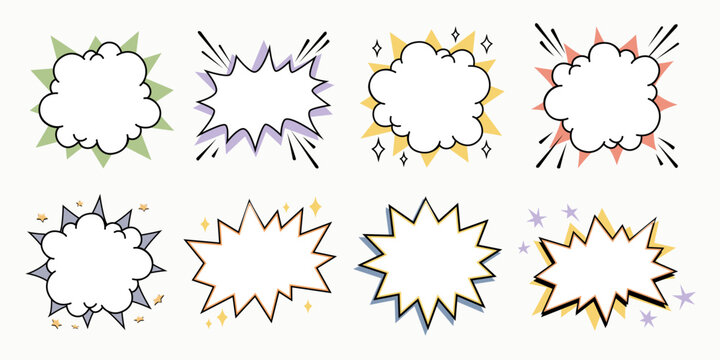 Comic starburst frame speech bubble set with burst and cloud shapes in green, yellow, purple and orange accents. Collection of comic frames for stickers, posters or social media graphics