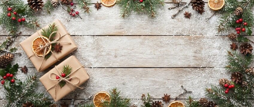 Christmas gift box wrapped in kraft paper with decoration on rustic wooden background with pine branch and holly berry border. Winter holiday celebration concept with copy space.
