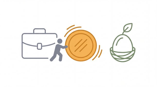 Minimalist illustration of a person rolling a large coin from a briefcase icon to a nest egg icon representing IRA rollover