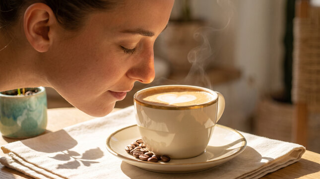 Young woman smelling steaming cup of coffee in cozy kitchen setting  