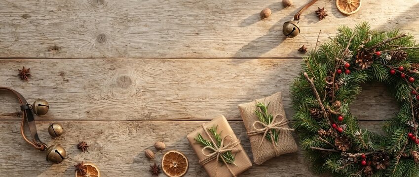 Flat lay christmas wreath with pine cone and red berry on rustic wooden table with gift box and jingle bell. Holiday decoration background with copy space for greeting card
