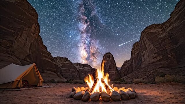 Campfire burns in desert canyon under a starry milky way galaxy night