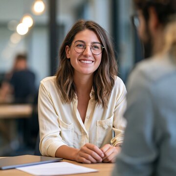 Smiling Young Woman in HR Support Meeting in Modern Office