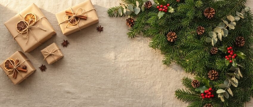 Christmas gift box wrapped in kraft paper with dried orange and cinnamon and fir branch with pine cone on linen background