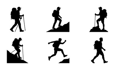 Fototapeta premium Silhouette Hikers, Mountain Climbing Vector Icons Set: Adventure, Trekking, Outdoor Activity Collection