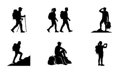 Fototapeta premium Hiking Silhouettes Collection: Active People, Mountain Trekkers, Outdoor Adventure Icons