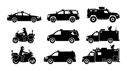 Police and Security Vehicles Set: Patrol Cars, SUV, Armored Truck, Motorcycles, Ambulance, Van © Kabita