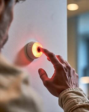 Technician Testing an Illuminated Visual Fire Alarm on Hotel Wall