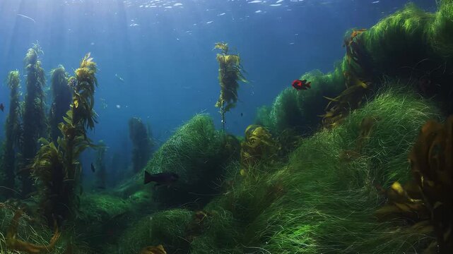 Underwater kelp forest teeming with marine life and sunbeams filtering through the water