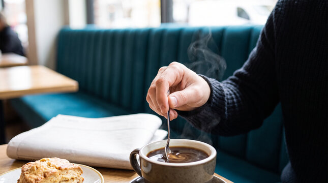 Person stirring coffee with a spoon in a cozy caf&eacute; setting  