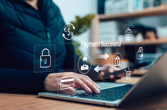Digital payment security concept. Customer using laptop and successful transaction interface, online banking, secure checkout, currency exchange, ecommerce, financial technology, cashless payment