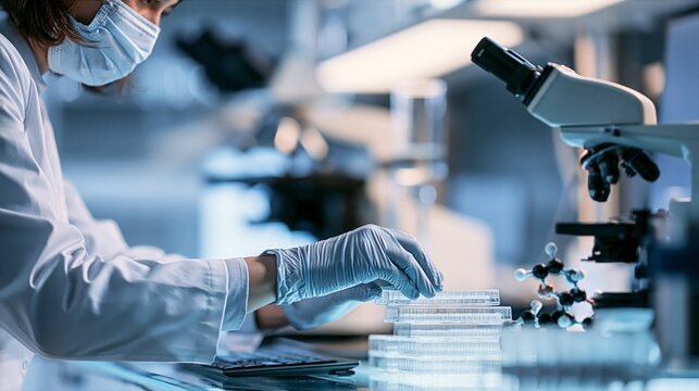 Lab Scientist Placing an Assay Plate Beside a Molecular Model